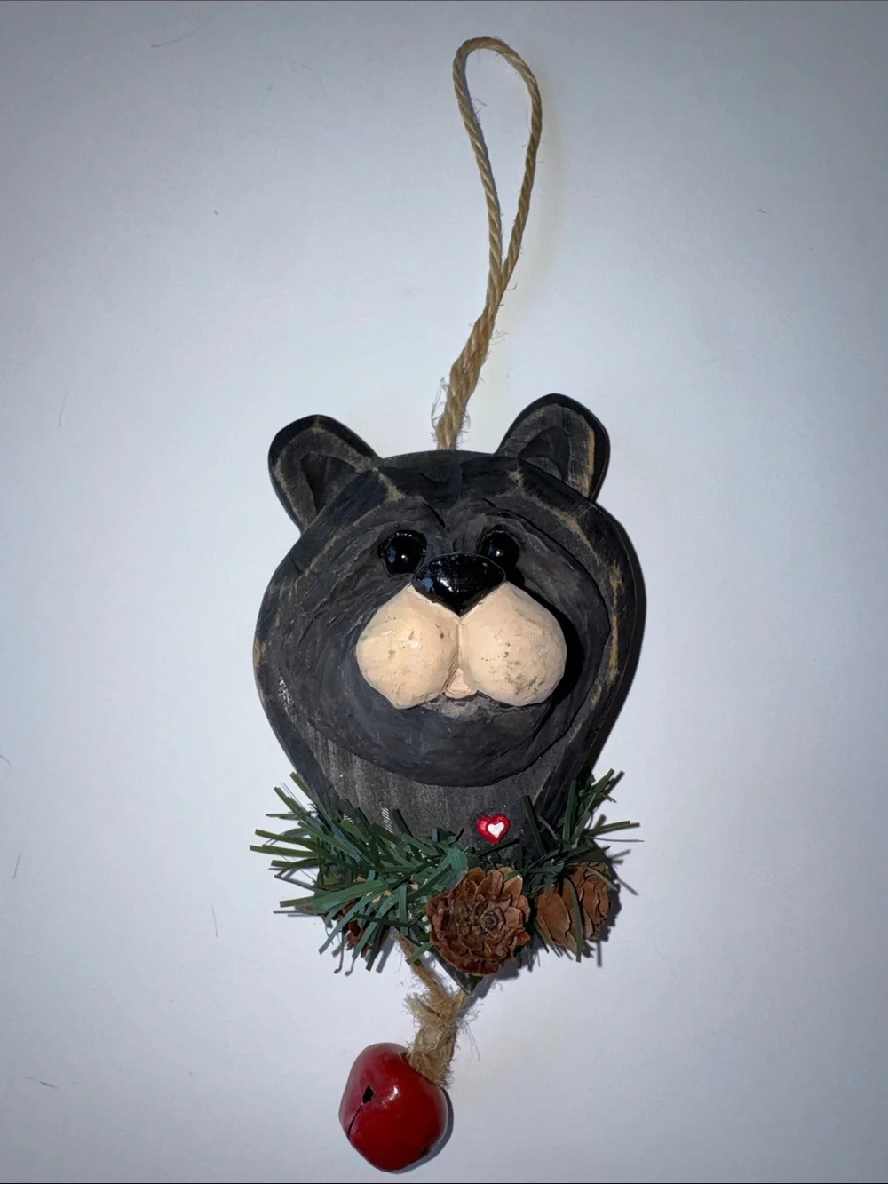 Black Bear Ornament with Pinecone and Red Bell